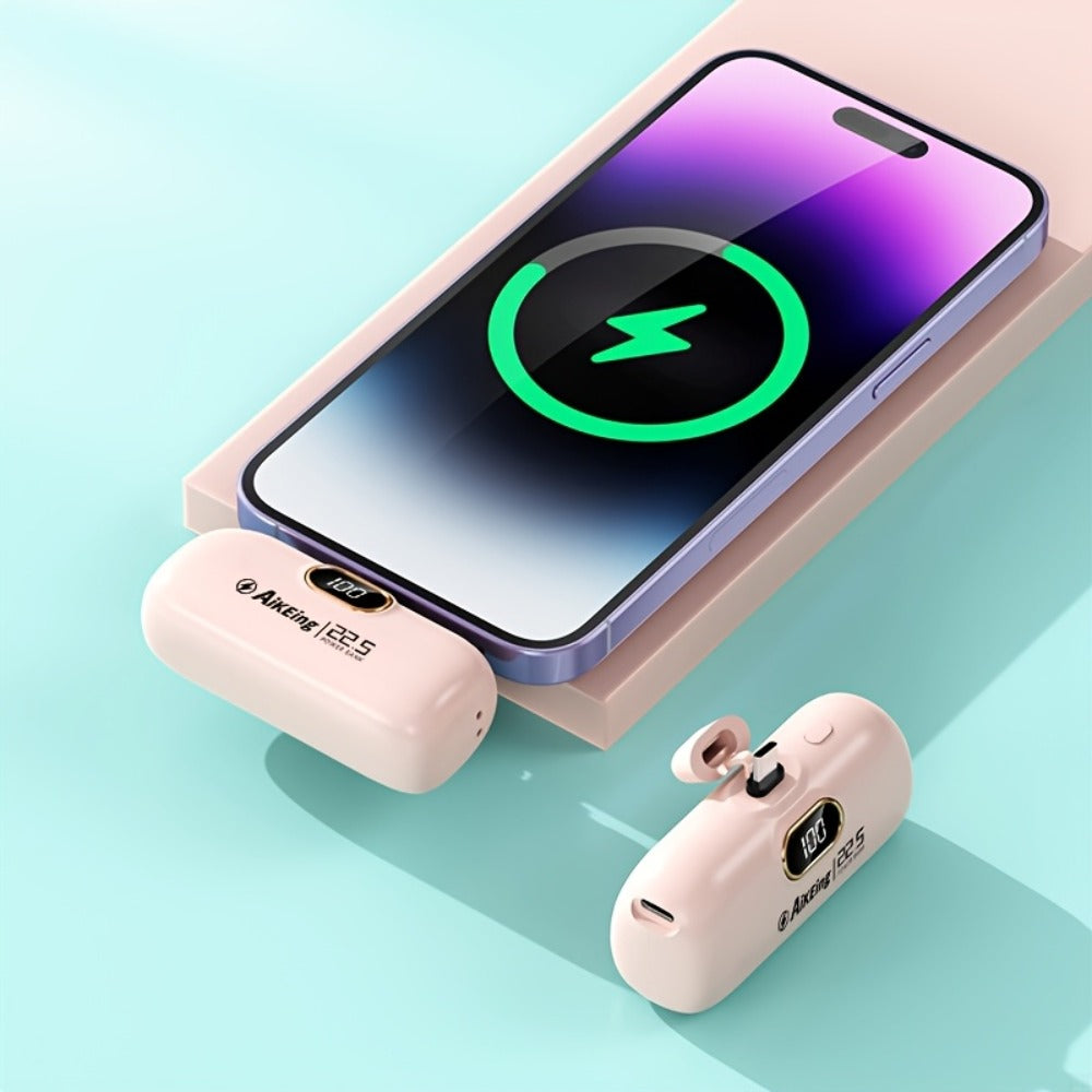 Mini Power Bank 5000mAh with Built-in USB-C Connector Fast Charging – Ultra-Compact Pocket Portable Charger for iPhone Android Samsung | Emergency Travel Charger | Green Pink