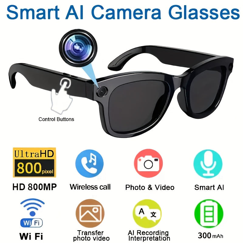 AI Voice Control Camera Glasses 8MP Ultra-Wide HD 1080P – Bluetooth 5.4, WiFi, Immersive Audio, Blue Light Blocking, 4H Playtime, Sunglasses & Clear Lens for Men Women