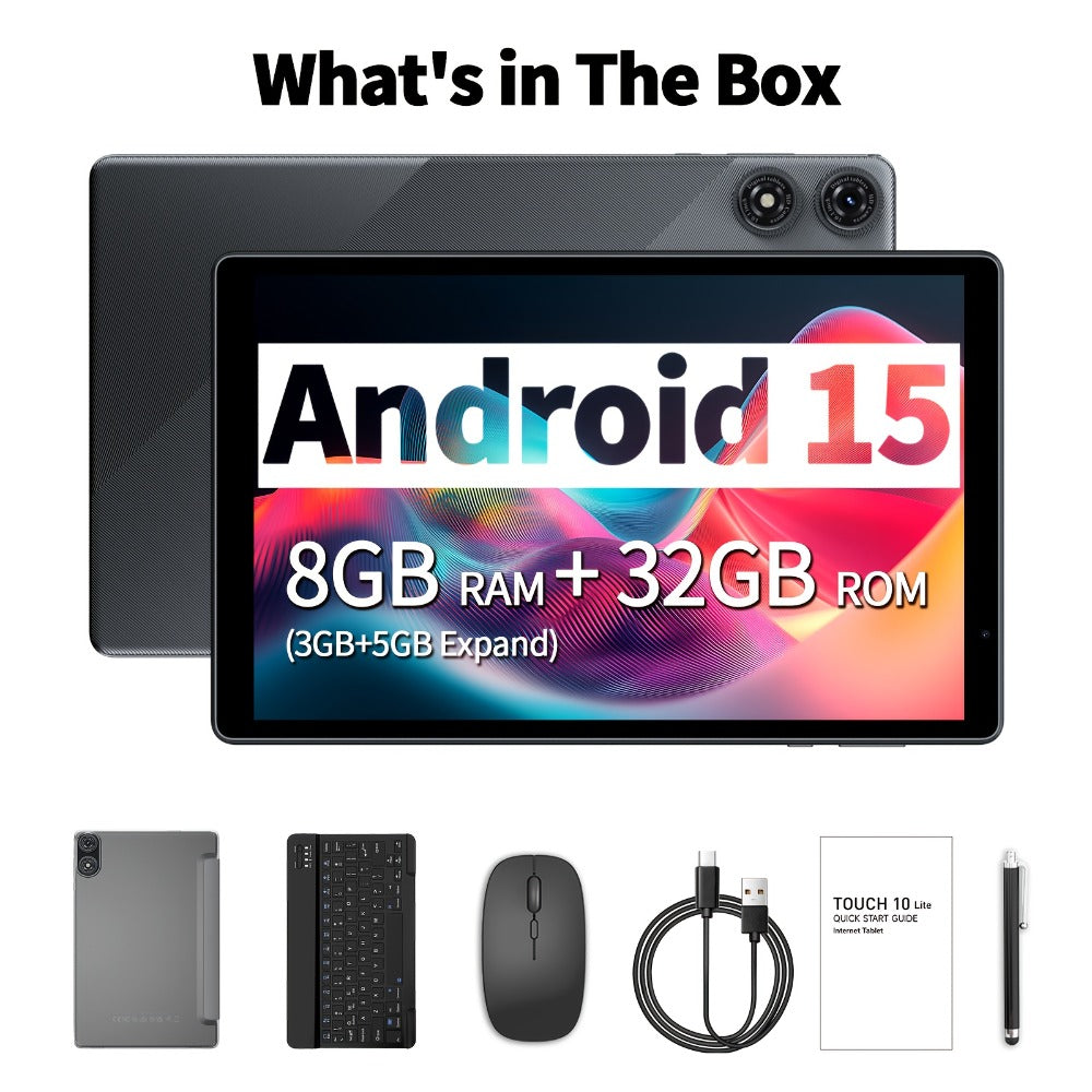 2-in-1 Tablet 10.1 Inch Android 15 8GB RAM 32GB ROM 1TB Expandable 6000mAh Battery WiFi Dual Camera with Optional Keyboard Mouse Protective Case & Stylus Pen – Gray