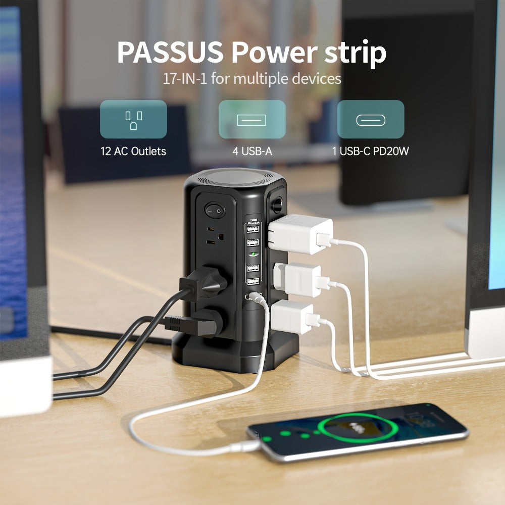 PD18W USB-C Power Strip Tower 21-in-1, 16 AC Outlets & 5 USB Ports, 1500J Surge Protector, Angled Flat Plug, 6ft 13A Extension Cord, Fast Charging Desktop Power Tower for Home Office Dorm – White