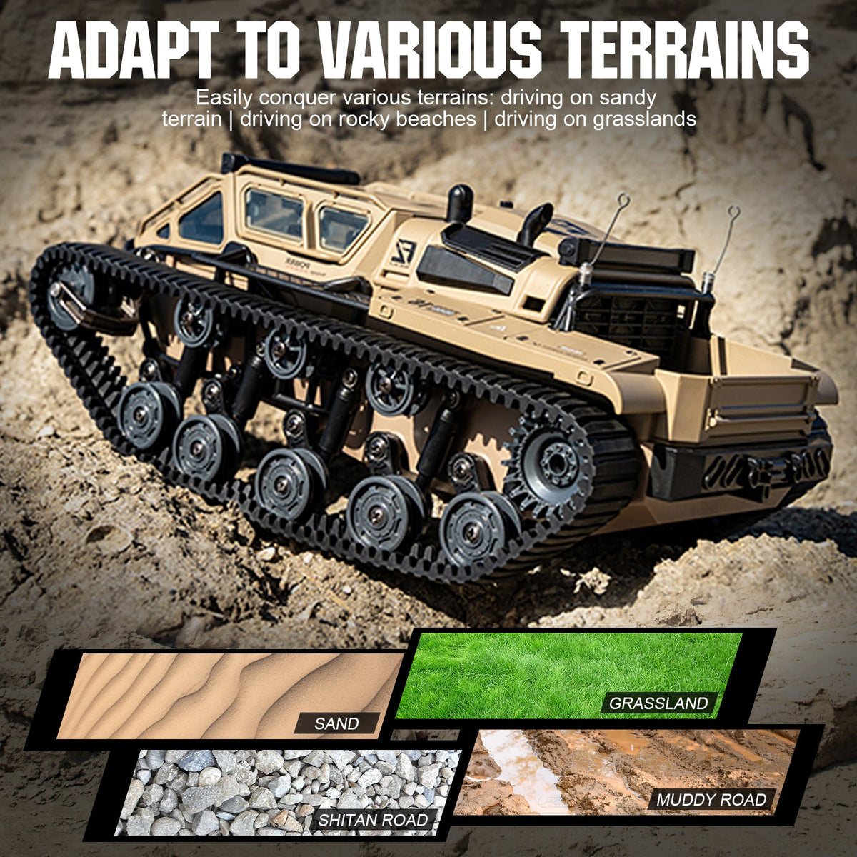 Full-Proportional RC Tracked Tank with LED Lights, Alloy Body Military Vehicle, Grey or Brown