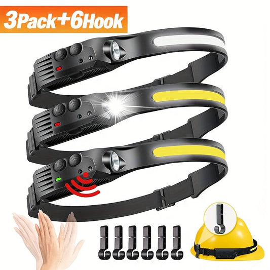 Motion Sensor Rechargeable Headlamp Set, 3-Pack with LED Strip Options