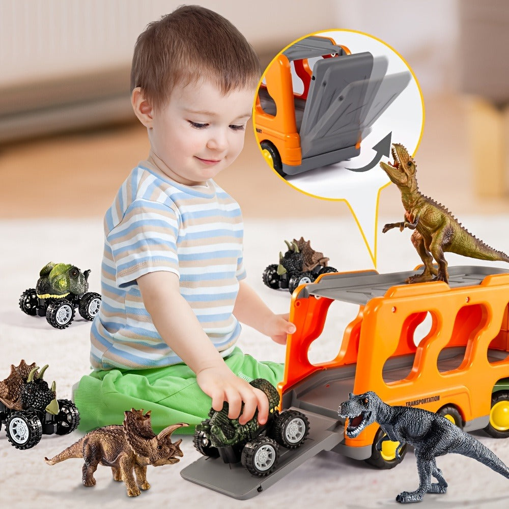 Push-Action Dinosaur Truck Toy 7-in-1 – Dino Monster Truck with 3 Figures, 3 Mini Cars, Lights & Sound
