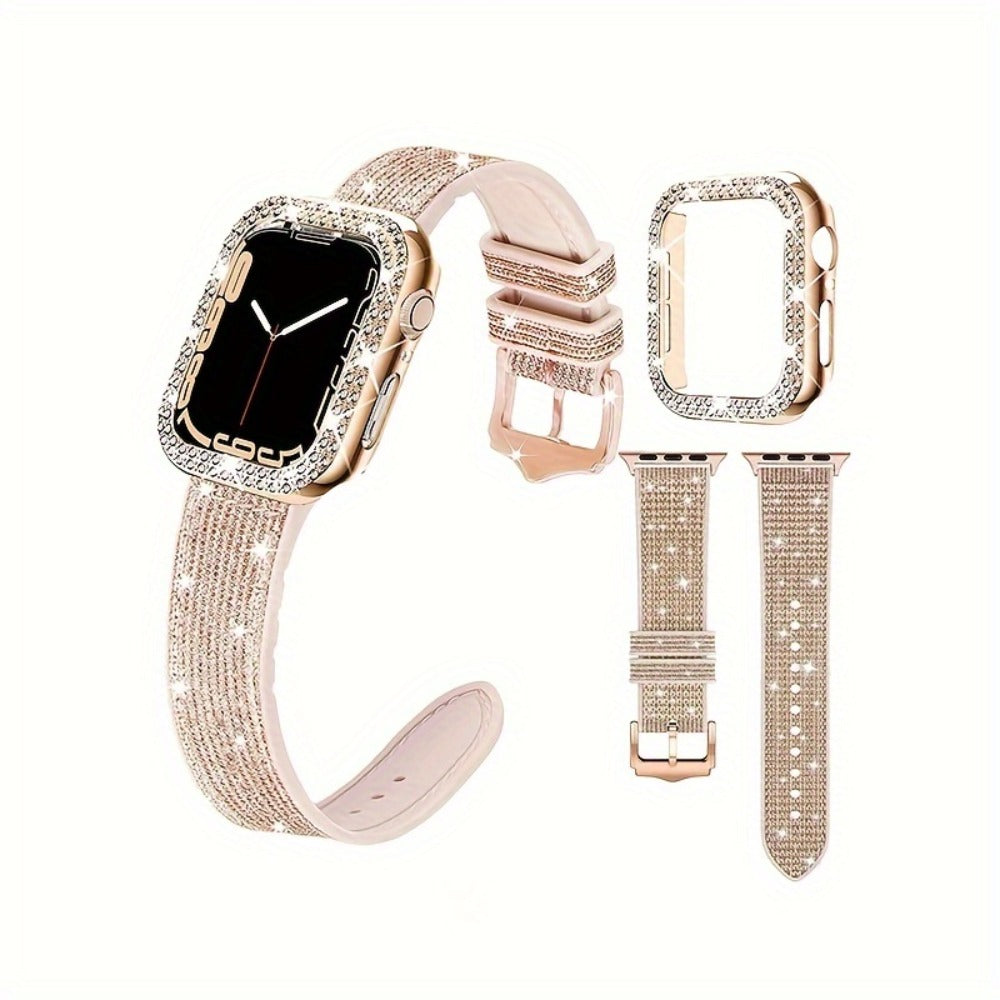 Apple Watch Band with Case Crystal Rhinestone Bling, Chameleon Color-Shift Strap + Shockproof Hard PC Cover, Compatible with Apple Watch Series 1-9 SE Ultra 38mm to 49mm S10 – Rose Gold Black Silver Women