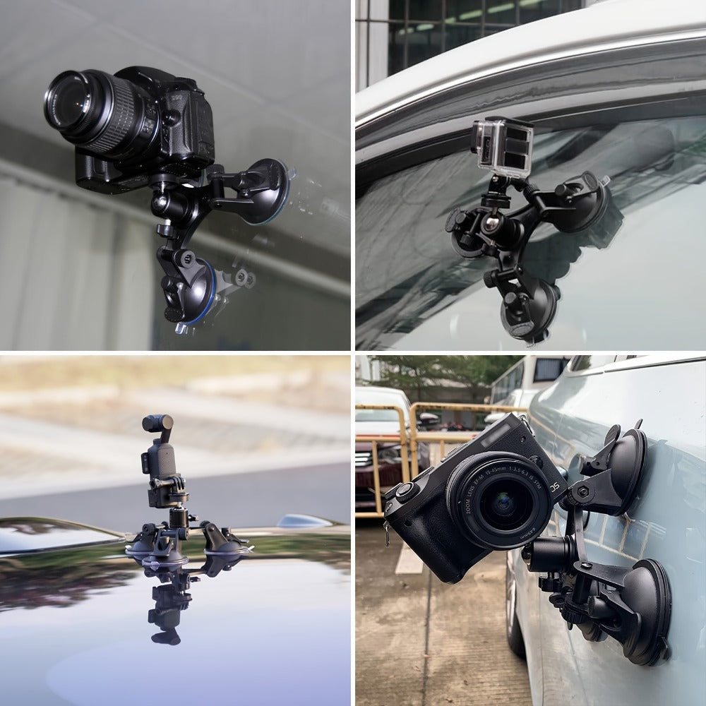 Suction Cup Camera Mount with 3 Bases – Universal 360° Ball Head Car Camera Holder for GoPro Hero 10 9 8 7, Action Cameras, DSLRs & Camcorders, Quick Release, ABS, Smooth Surface Secure Grip