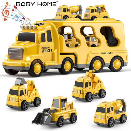 Construction Carrier Truck Toy Set with 4 Mini Vehicles, Yellow