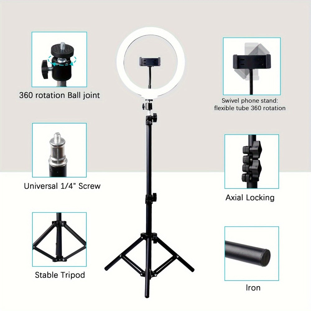 Selfie Ring Light 10/12 Inch with 42-Inch Retractable Tripod Stand | USB Powered, Cold Shoe Mount, Compatible with Smartphone, Camera & Webcam for YouTube, Instagram, TikTok & Live Streaming