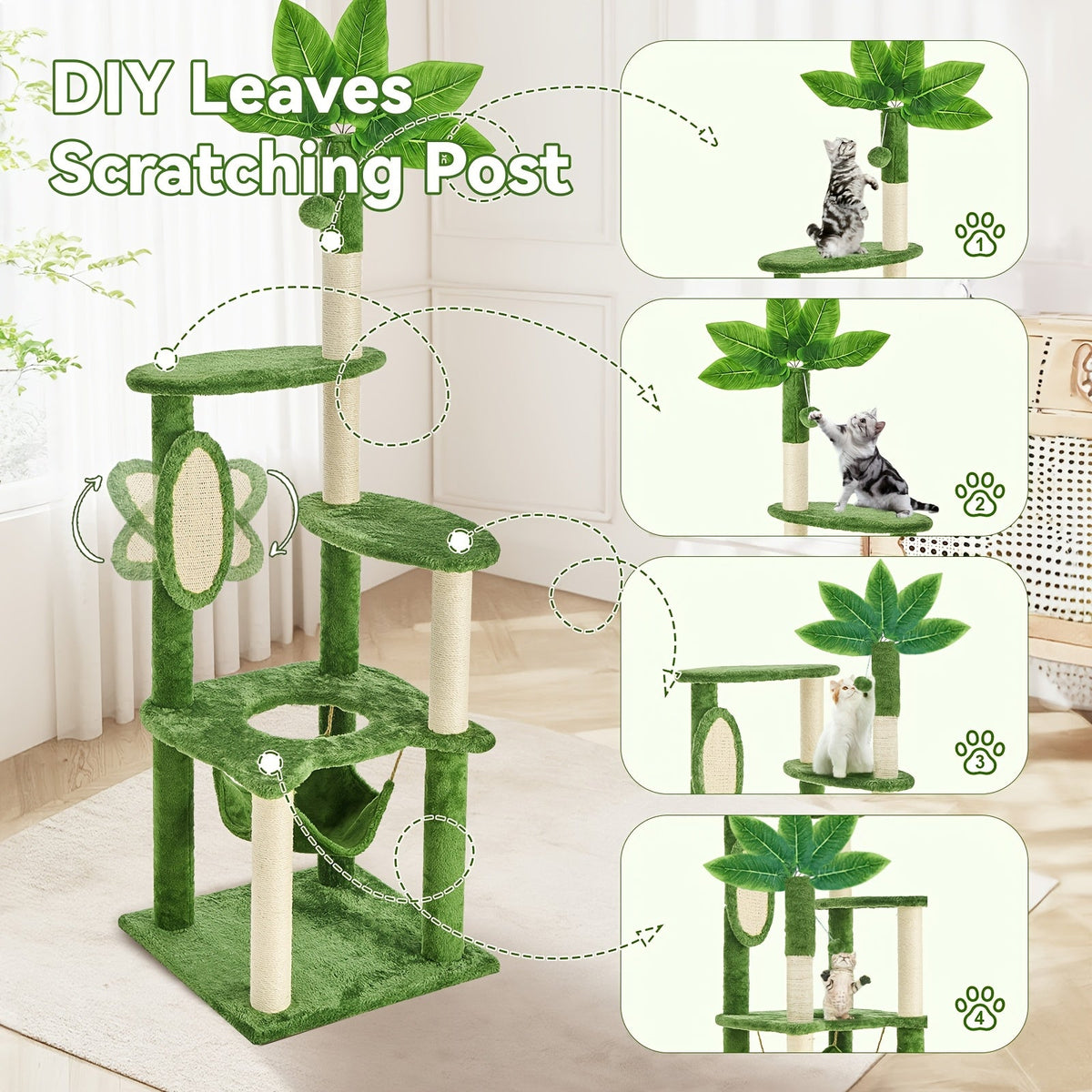 Cat Tree Tower 59 Inch Large Multi-Level Cat Tower for Indoor Cats with Plush Resting Area, Sisal Scratching Post & Hanging Ball Toy – Tall Cat Furniture for Bedroom Living Room, Multiple Colors