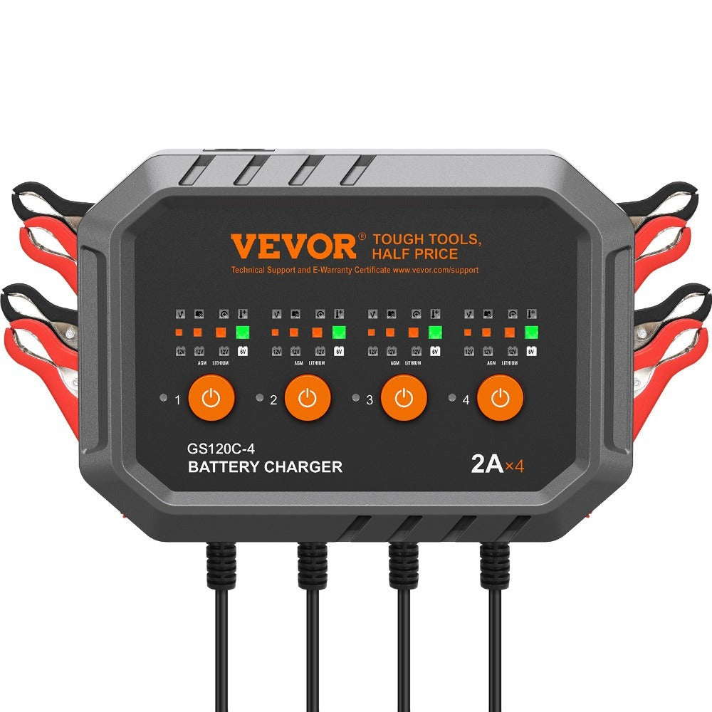 Smart Battery Charger 8A VEVOR Intelligent Charger & Maintainer for LiFePO4, AGM, Gel, SLA & Lead-Acid Batteries – 6V/12V Auto Charger for Car, Boat, Motorcycle, Lawn Mower & Golf Cart, 4-Bank Charging
