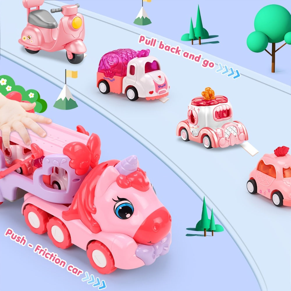 Pink Toy Car Carrier Truck with 4 Mini Cars, Music and Lights