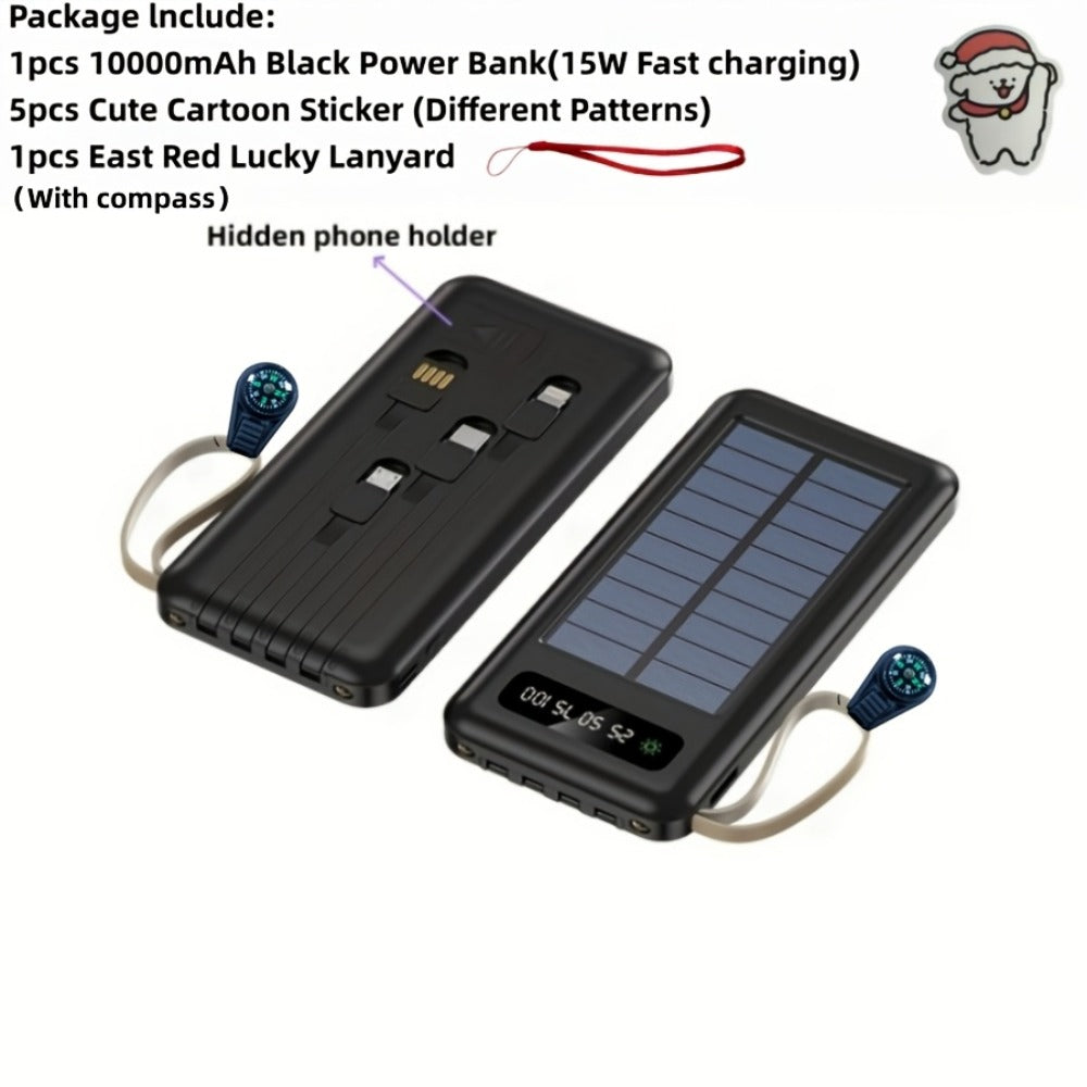 Solar Power Bank with Built-in 4 Cables LED Flashlight 15W Fast Charging Digital Display Dual USB USB-C Portable Charger 10000mAh 20000mAh 30000mAh for iPhone Android Camping Hiking