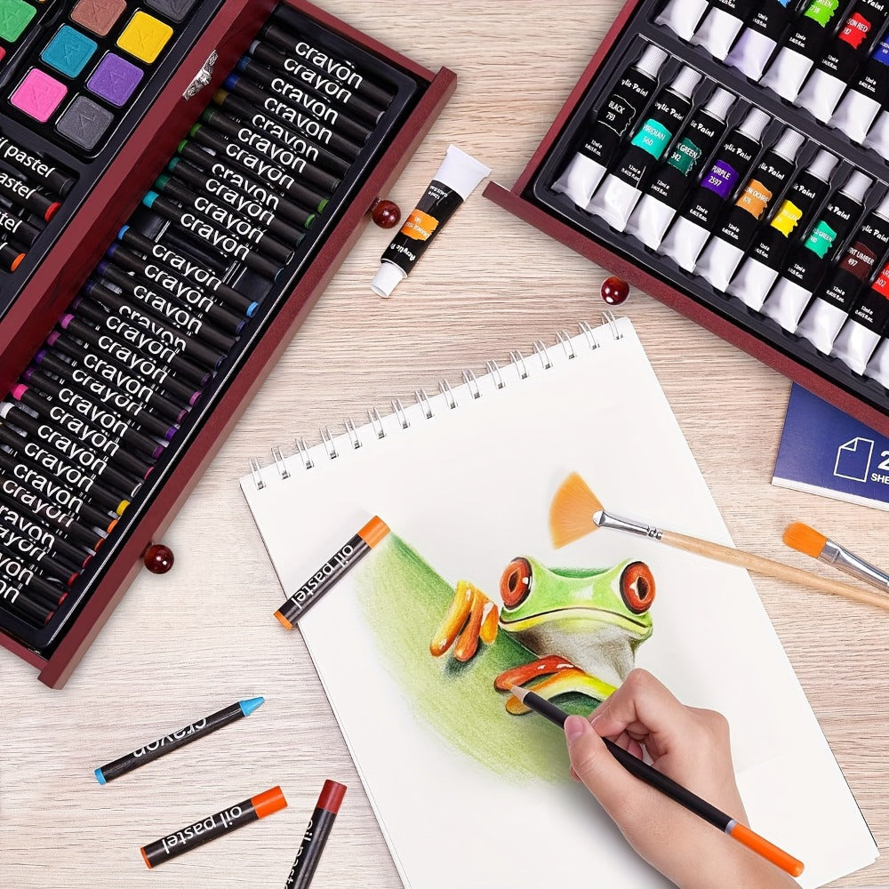 175-Piece Deluxe Art Set in Wooden Case – Drawing Pads Crayons Acrylic Paints Colored Pencils Complete Professional Art Kit Gift for Kids Teens Adults Birthday Christmas