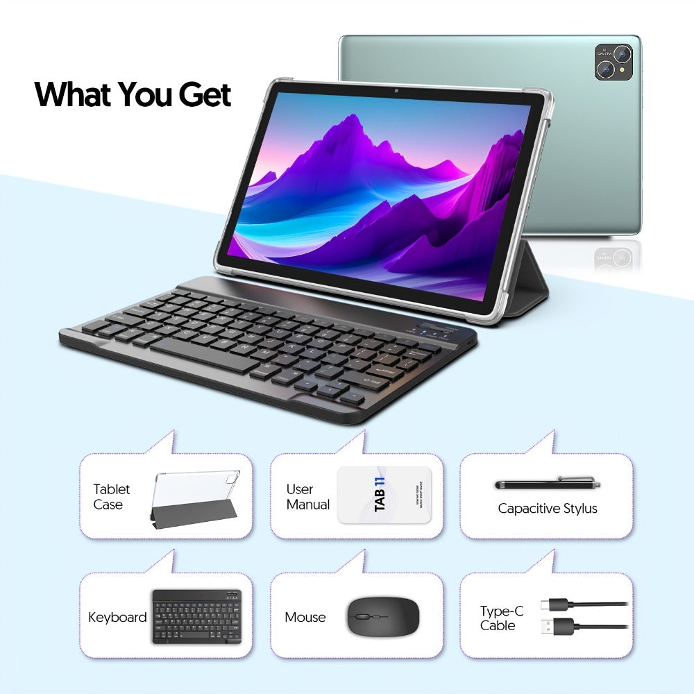 128GB Tablet Android 14 10 Inch 11 Inch 8GB RAM 8000mAh Battery Octa-Core WiFi 6 1TB Expandable 8MP Dual Camera FHD IPS Display Optional Keyboard Set – Grey & Green