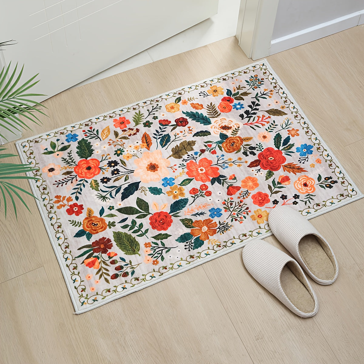 Bohemian Floral Plush Rug Non-Slip Machine Washable – Soft Floral Runner Mat for Bedroom, Kitchen, Bathroom, Entryway & Living Room – Easy Clean Indoor Home Decor Mat, 4 Sizes