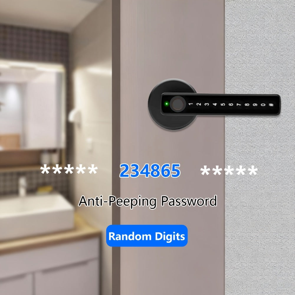 IC Card Door Lock Knob with Fingerprint, PIN & Key - 4-in-1 Biometric Keyless Entry Electronic Lock with Integrated Handle for Bedroom, Home, Hotel & Office, Easy DIY Install, Black