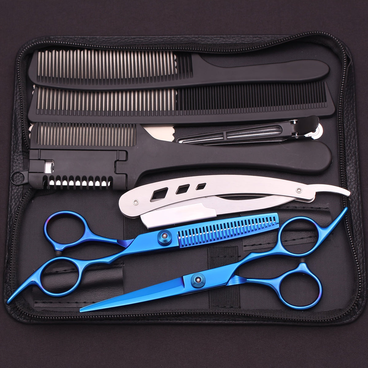 Hair Cutting Scissors Set - Japan Stainless Steel Barber Shears with Thinning Scissors & Razor Comb, Professional Salon Kit for Women Men Home Haircut, Purple Rainbow Blue