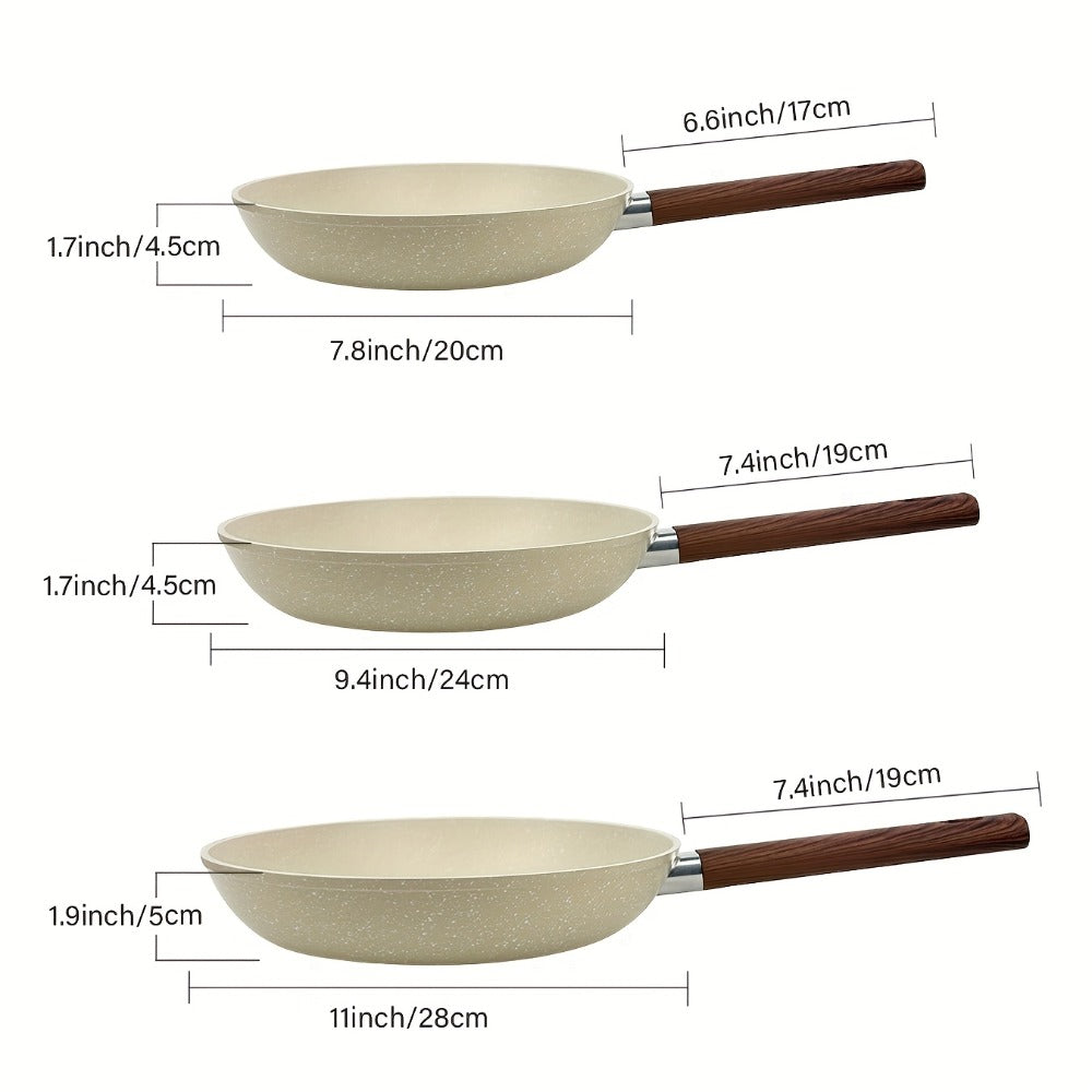 Non-Stick Frying Pan Set 3-Piece 7 9.5 11 Inch – Dishwasher Safe Skillet Set with Insulated Handle | Induction Compatible Home Kitchen Pans in Beige Grey & Black | Durable Even-Heating Cookware