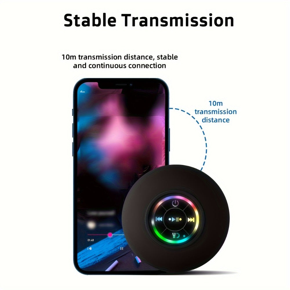 Bathroom Shower Speaker with LED Light – Wireless Bluetooth Speaker, USB Rechargeable 400mAh Battery, Suction Cup Mount, Button Control, Waterproof Design for Shower, Bath & Indoor Use