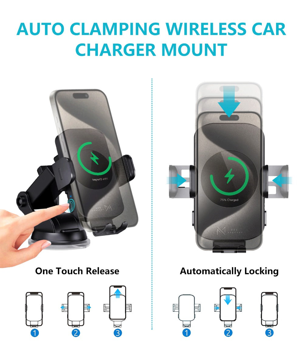 Auto-Clamping Car Wireless Charger 15W Blue Gold Stylish Vent Clip Phone Mount 360° Rotation for iPhone 16 15 14 13 12 11 Pro Max, Samsung Galaxy S24 S23 S22 S21, All Qi Devices – Blue & Gold