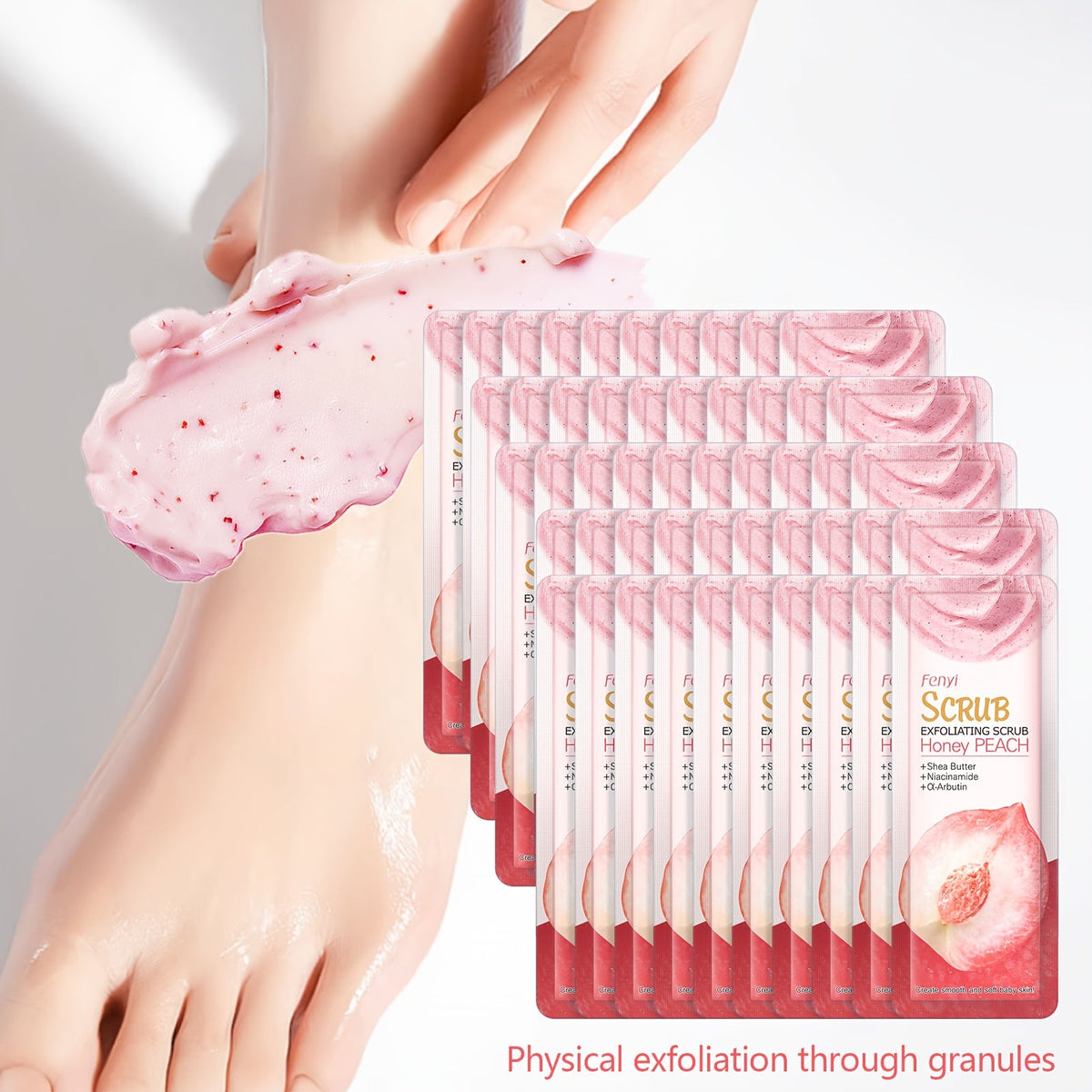 Exfoliating Body Scrub Peach Cream 50pcs Jojoba Bead Foot & Body Skin Gentle Cleansing Moisturizing Smooth Nourish Portable Travel Size Sachet
