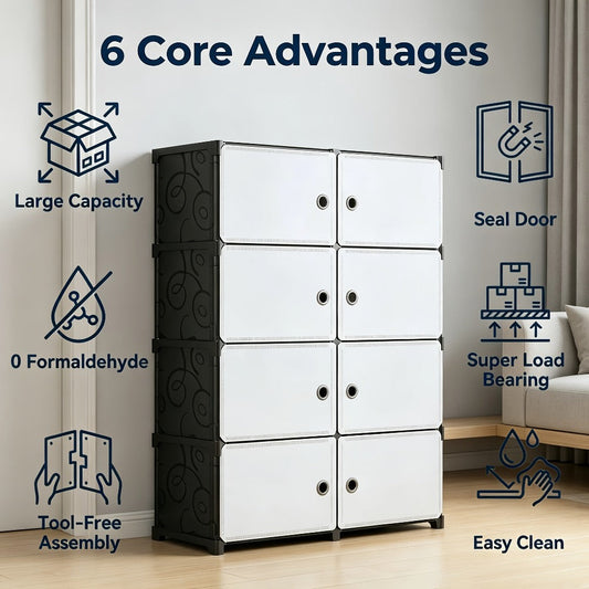 Modular Storage Cabinet with Magnetic Door, 3-Tier or 4-Tier Closet Organizer