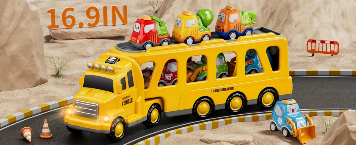 Car Carrier Truck Toy with 6 Cars, 16.9" Transport Construction Truck with Lights & Sounds