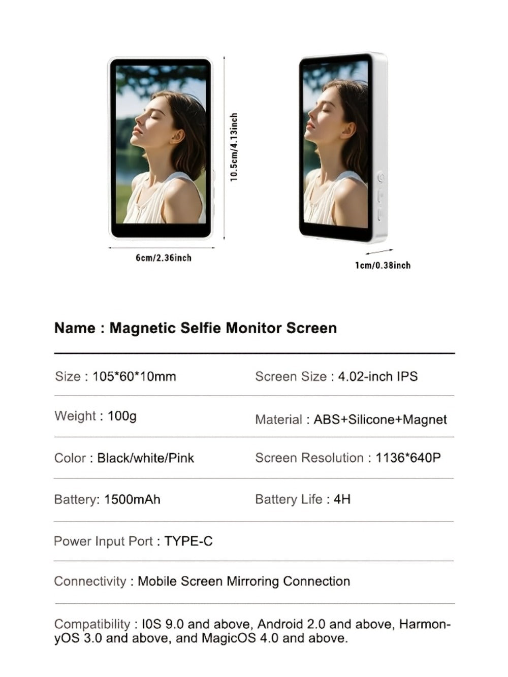 Magnetic Selfie Monitor Screen for Vlogging & Live Streaming – Rear-Facing Main Camera Display for iPhone & Android, High-Resolution Selfie Screen for TikTok, YouTube & Instagram Content Creation