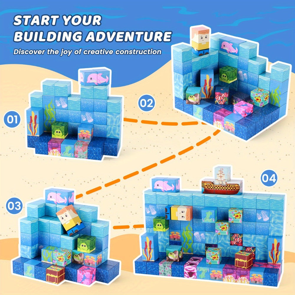 Ocean Adventure Magnetic Building Blocks, 54 or 100 Pieces, 3D Sea Theme Magnet Tiles for Ages 3+