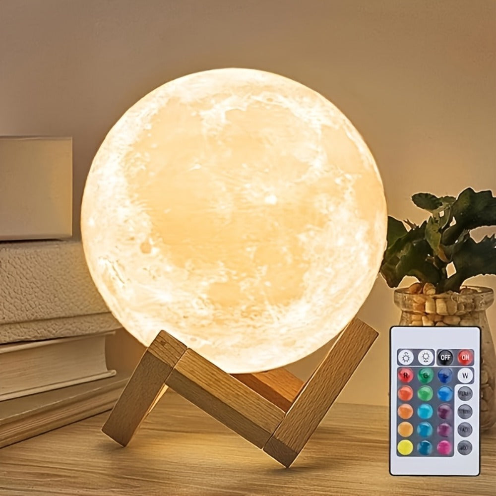 Moon Lamp 16-Color RGBW LED Night Light - 3D Printed 6.1" Realistic Moon with Remote Control & Wooden Stand, USB Powered Bedside Lamp for Bedroom Decor, Birthday Gift for Women, Moms & Friends