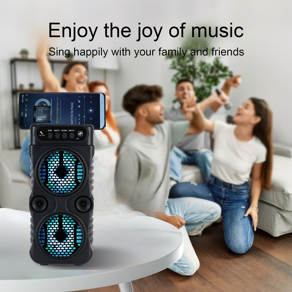 Dual Subwoofer Heavy Bass Portable Wireless Speaker with Colorful Lighting – FM Radio, MP3 Player, Supports Bluetooth, TWS, USB, AUX, TF Card & Microphone Input, Perfect for Home Parties & Holiday Gatherings