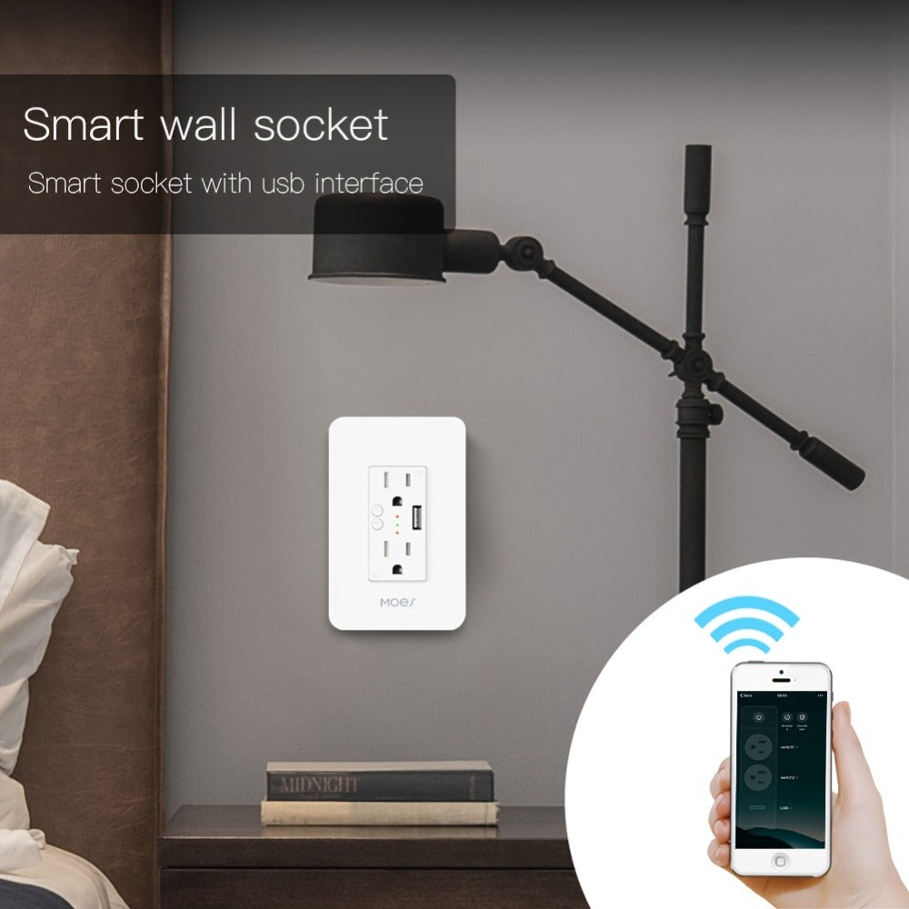 Smart WiFi Wall Outlet with 2 AC Outlets & USB Charging Port, Works with Alexa & Google Home, App Remote Control, No Hub Required, 15A 2.4GHz – MOES Intelligent In-Wall Smart Plug Socket