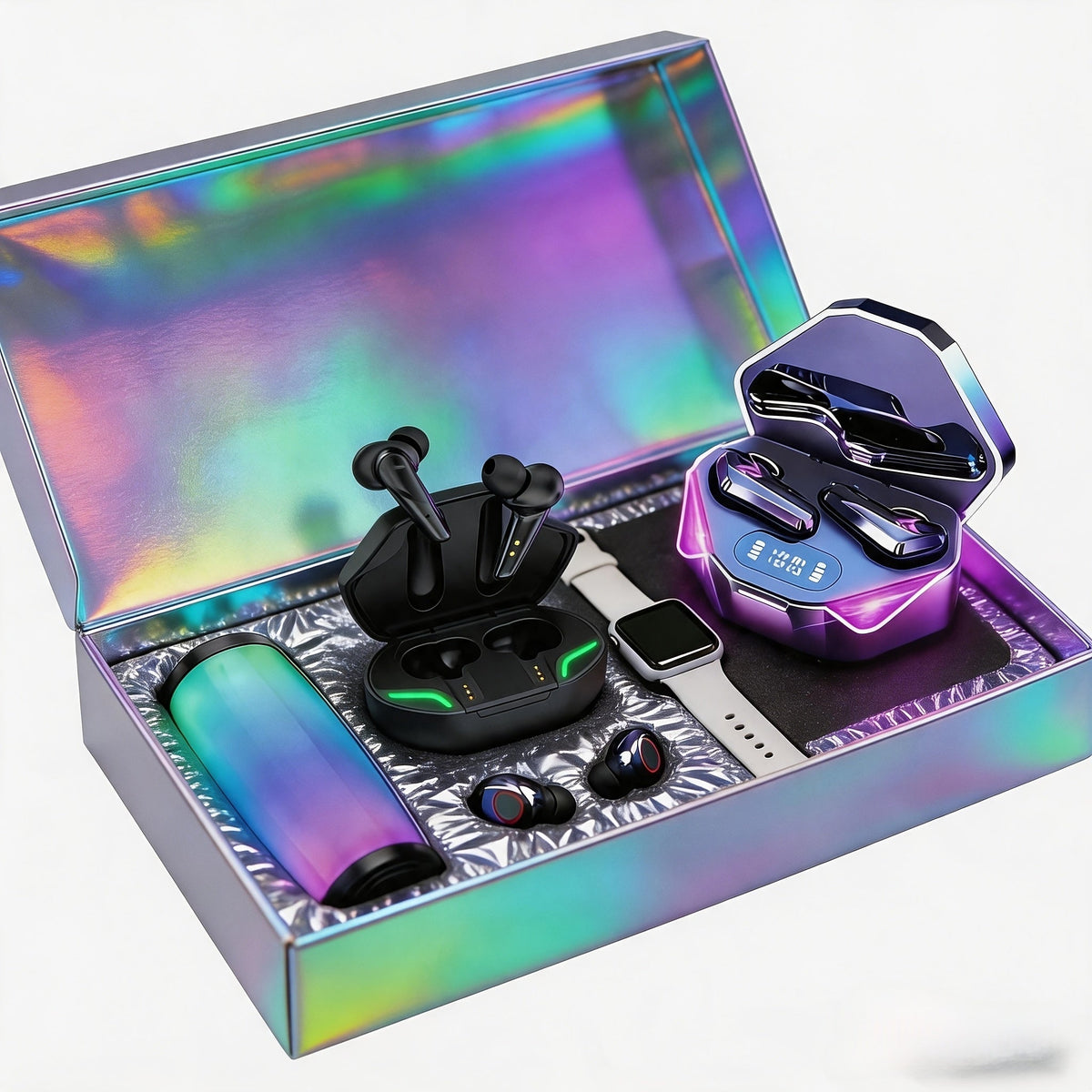 Gaming Headset Bundle Set Glowing LED Headphones Bluetooth Speaker Wireless Earbuds Surround Sound Touch Control 3-4 Piece Combo Gift Set with Free Watch for Teens Gamers