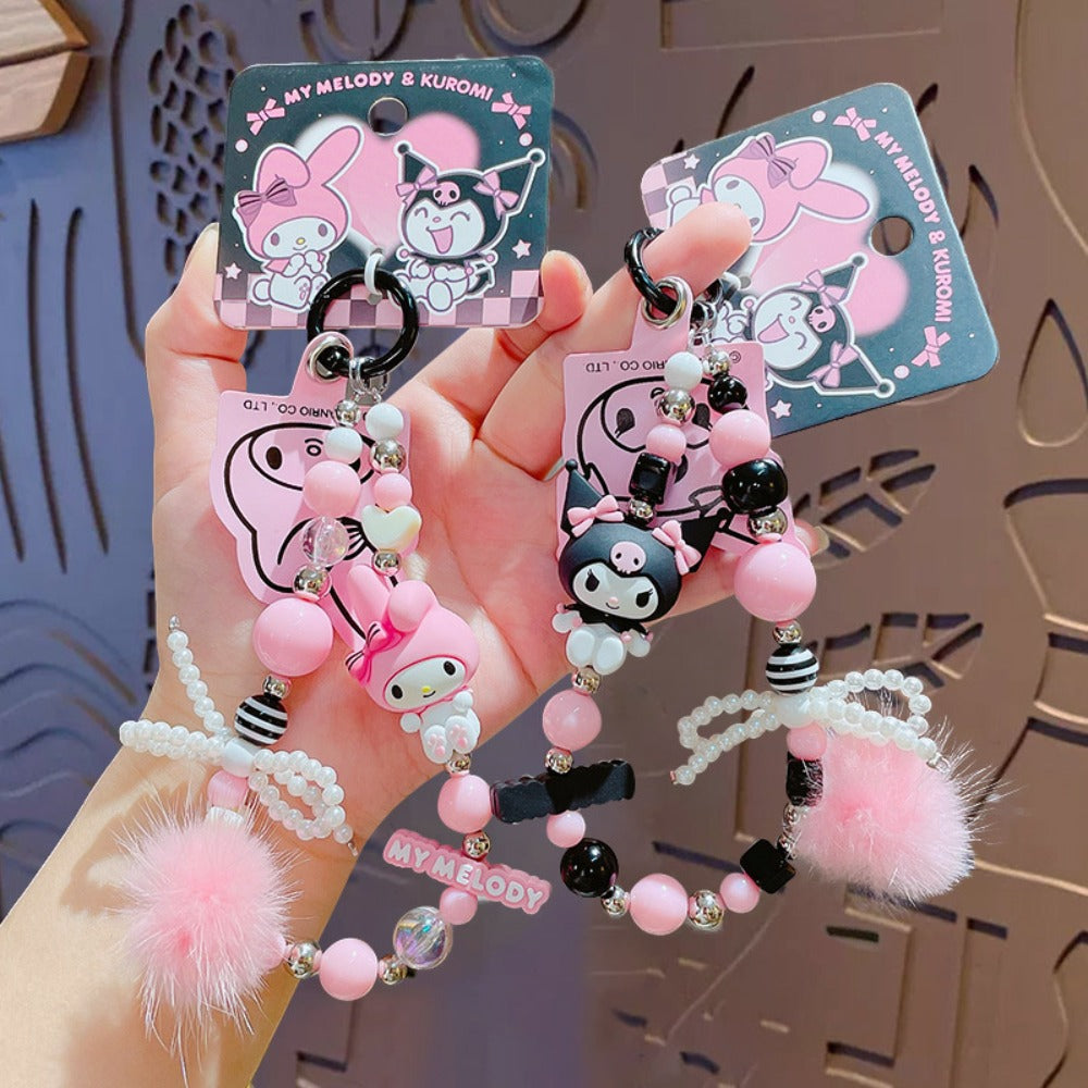 Kawaii Beaded Phone Chain Keychain Sanrio Kuromi My Melody Anime Backpack Pendant – Cute Mobile Strap Charm Accessory Gift for Girls Teens Anime Fans Collectors