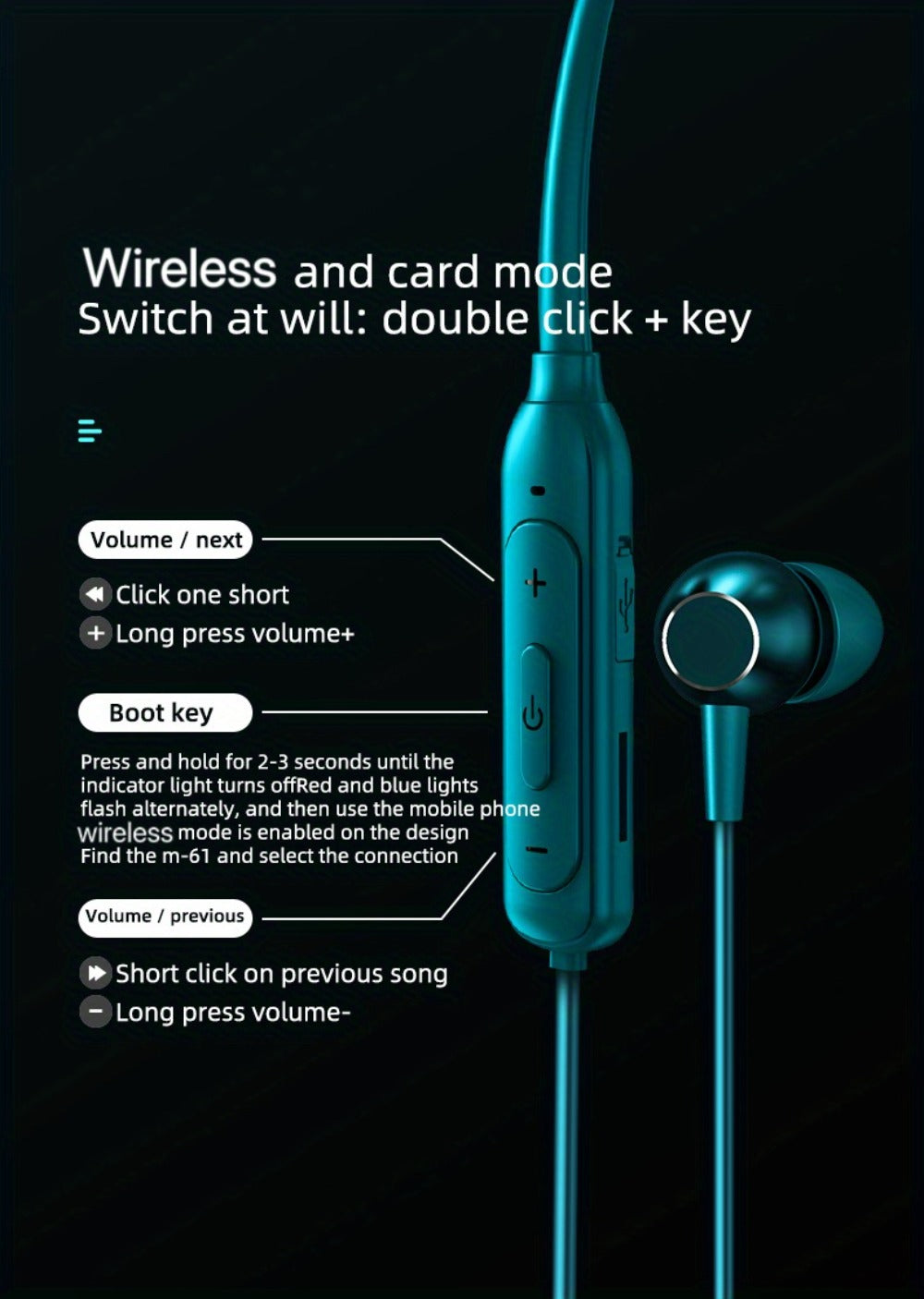 Neckband Magnetic Wireless Earbuds 20H Playtime 230mAh In-Ear Noise Canceling Sports Headphones with Mic Pluggable Memory Card Long Standby for Running Gym Workout Travel