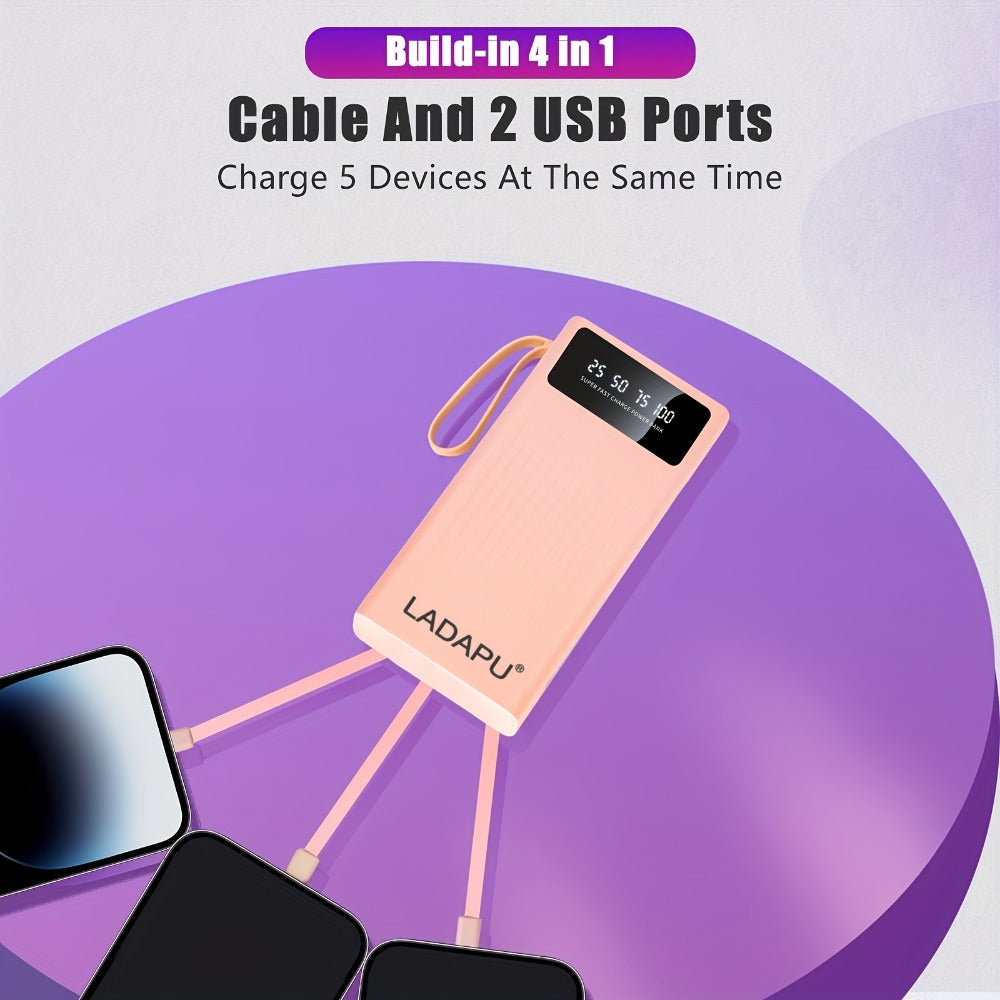30000mAh Large Capacity Power Bank 15W Fast Charging with 4 Built-In Cables & 4-Mode Camping Light, Business Minimalist Portable Charger 10000mAh 20000mAh Compatible with iPhone Android – Black Purple White