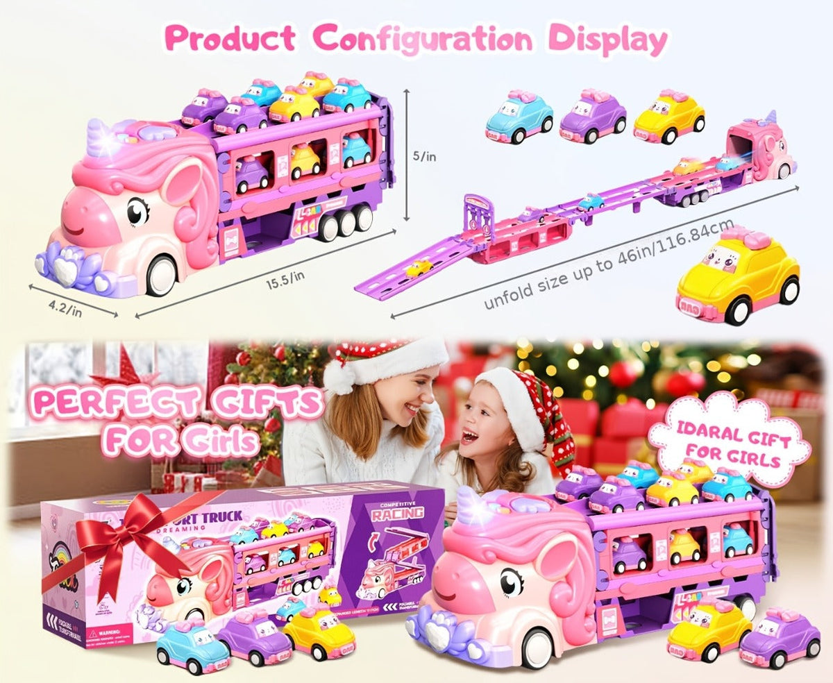 Unicorn Monster Truck Track Set with 8 Mini Cars and Fold-Out Race Track