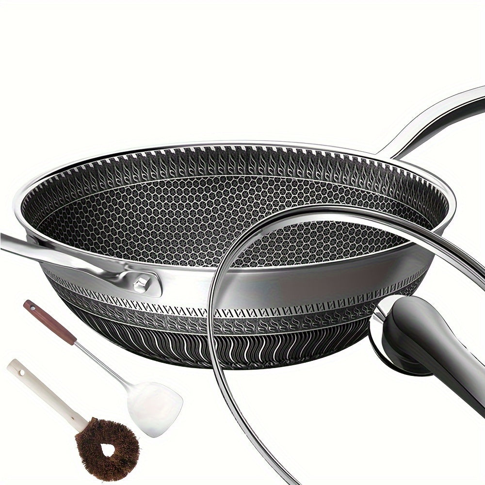 Stainless Steel Wok 13.3 Inch Honeycomb Non-Stick with Lid Spatula & Pot Brush – All Cooktop Compatible Stir Fry Pan | Induction Gas Electric Ceramic | Complete Kitchen Wok Set Cooking Accessories