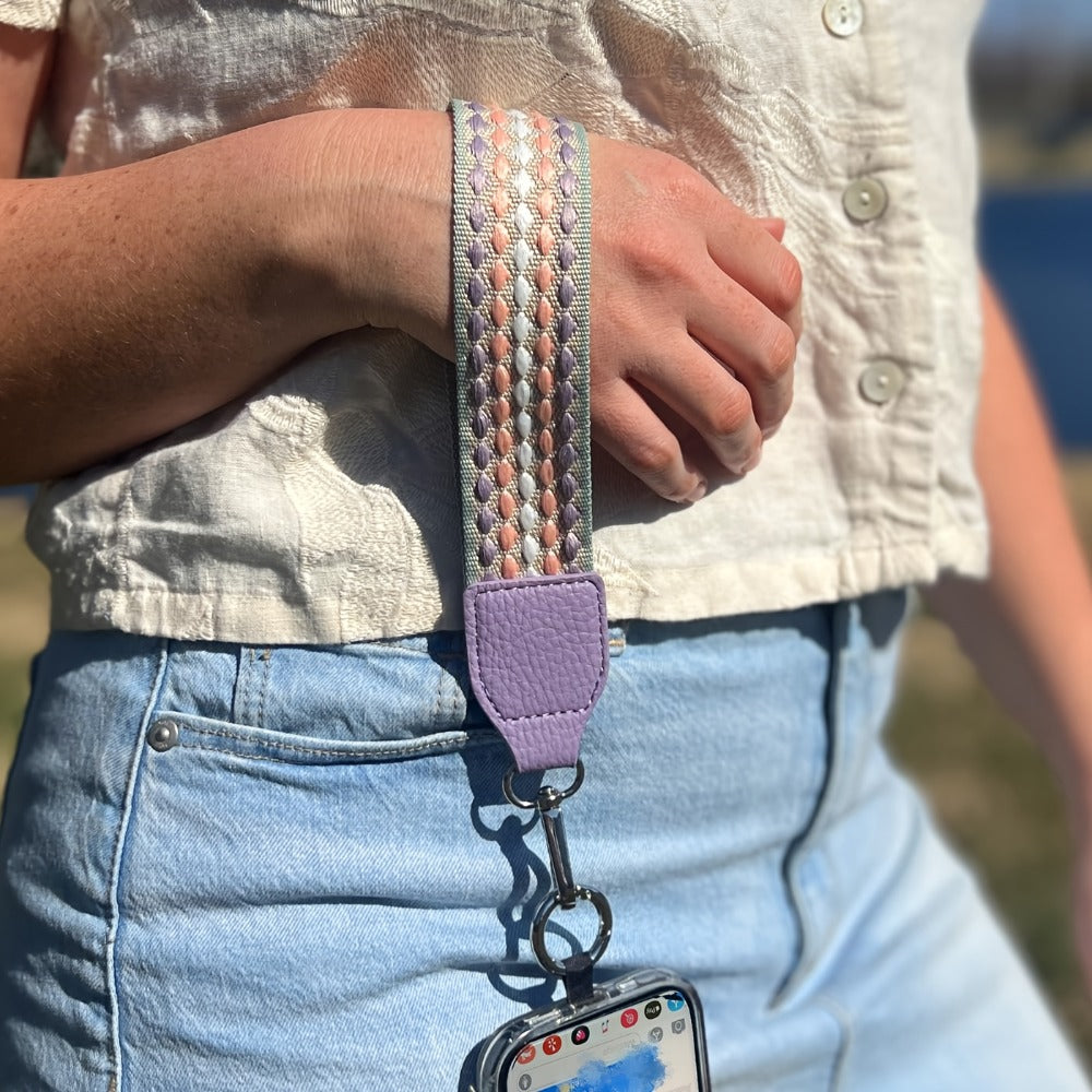 Crossbody Phone Strap Wallet Pouch with Beaded Charm Detachable Wrist Lanyard Card Holder Hands-Free Shoulder Strap for Women Girls iPhone Samsung – Green Purple Brown Pink 5 Colors