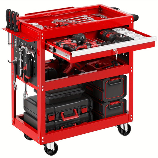 Rolling Tool Cart, 3-Tier with Removable Pegboard, Locking Drawer and 330 lb Capacity