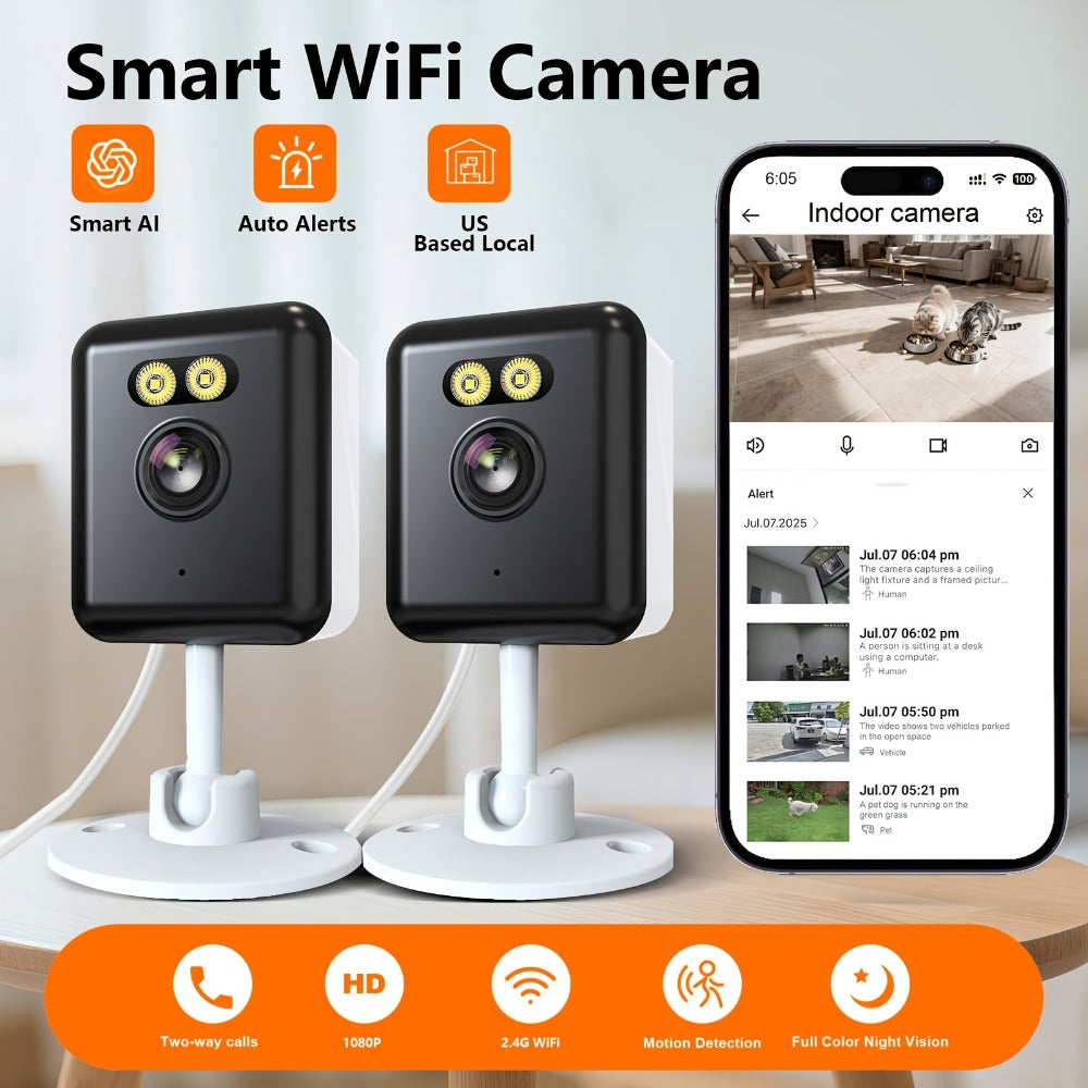 AI-Powered 3MP Indoor Security Camera 2-Pack, Humanoid Detection, Alexa Compatible, Full-Color Night Vision, Two-Way Audio, Smart Motion Alerts, 2.4G WiFi – Home Baby Pet Video Monitoring