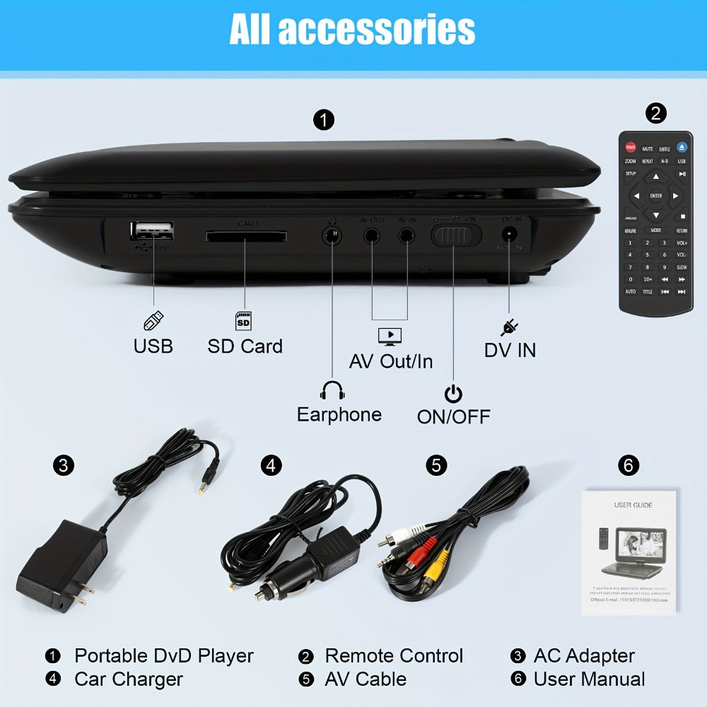 9 Inch Portable DVD Player for Kids Car Travel, Rechargeable Battery, Region Free, Dual Speakers, Earphone Jack, USB SD Card, Swivel Screen, Headrest Mount, Supports DVD CD VCD AVI MP3 JPEG