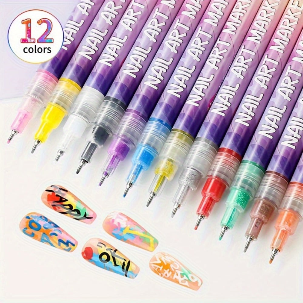 Acrylic Nail Art Pen Set 12 Colors 3D Doodle & Dot Stitching Pens – Quick Drying Precision Fine Tip for Professional Home Salon Nail Design, Long Lasting Vibrant Pigment