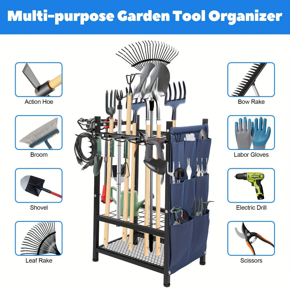 Tool Storage Rack with Storage Bag – Metal Yard Tool Organizer for Garage Holds 35 Long-Handled Tools, Broom, Shovel, Rake Stand Holder, Heavy Duty Freestanding Garden Tool Rack for Outdoor & Yard, Black