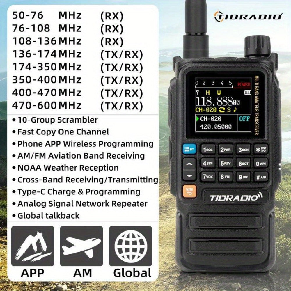 Tidradio H3 Plus Ham Radio Multi-Band Two-Way Radio, AM/FM Reception, Wireless Headset Compatible, Global Intercom via App, Long Range Walkie Talkie for Camping Emergency Outdoor Communication