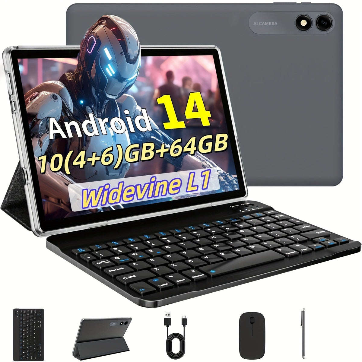 Android 14 Tablet with Keyboard and Stylus – 10 Inch Octa-Core, 10GB RAM, 64GB ROM, 1TB Expandable Storage, 5G Dual-Band WiFi, 5MP+8MP Camera, Complete Bundle with Case, Perfect Gift for Work & School