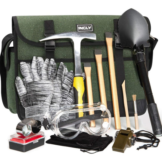 Geology Rock Hammer Kit, 15-Piece with 32 oz Rock Pick, Chisels & Musette Bag