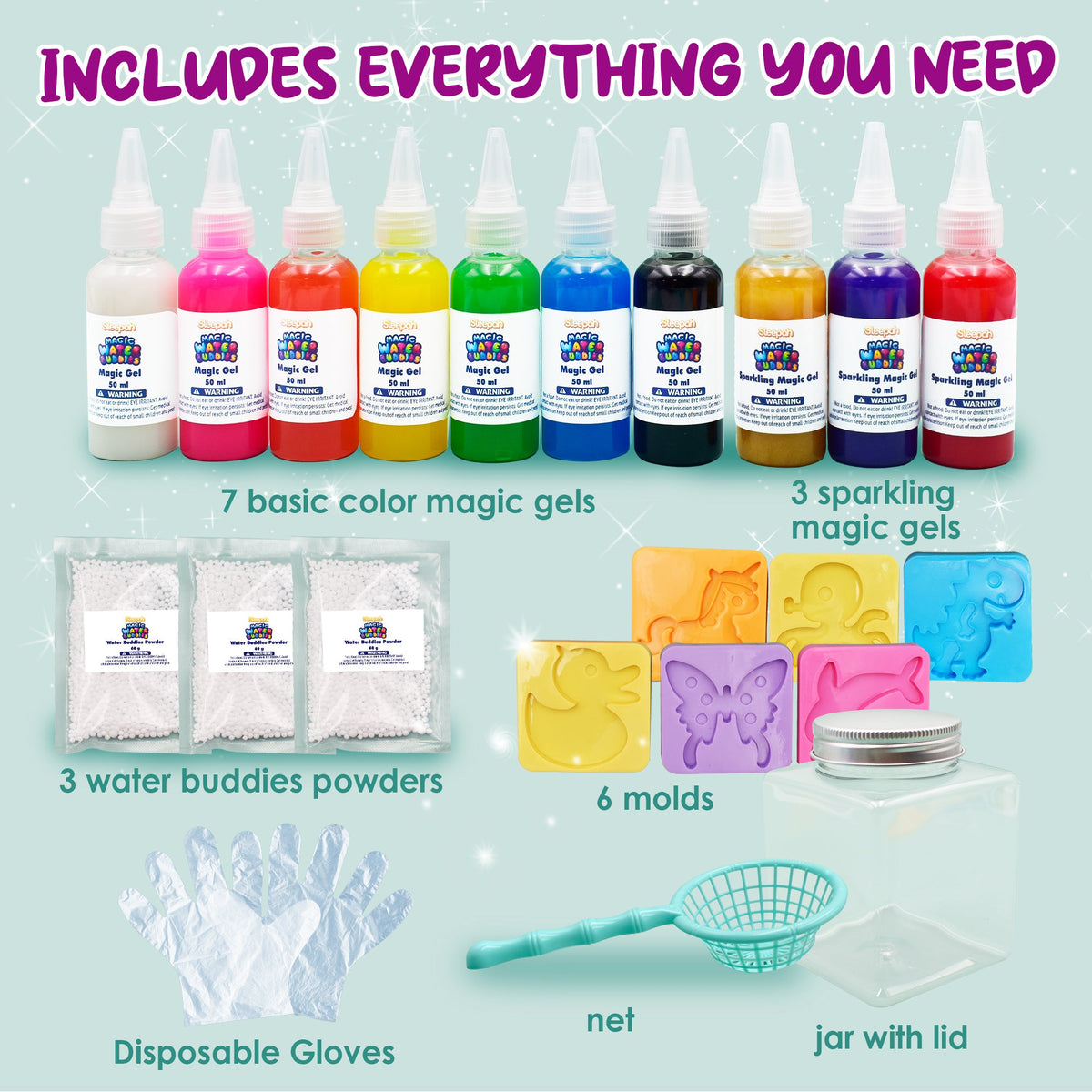 Aqua Fairy Water Gel Kit DIY Squishy Maker for Kids Magic Water Elf 10 Color Gels 6 Molds Fairies Dinosaurs Animals 3D Squishy Toy Craft Kit Ages 5+ Birthday Gift