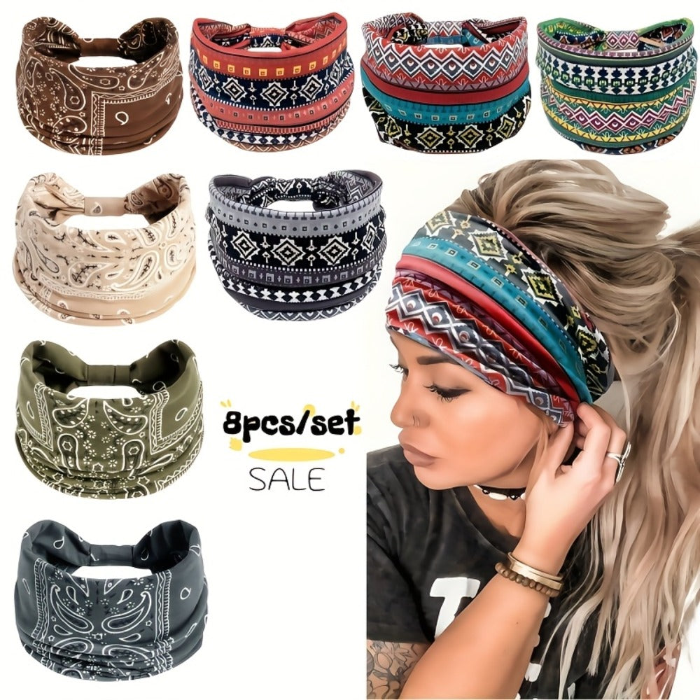 Floral Turban Headbands for Women 8 Pack Non-Slip Elastic Boho Knotted Wide Hair Wrap for Sports Yoga Running Workout Sweatband Moisture Wicking Fashion Hair Accessories Gift Set