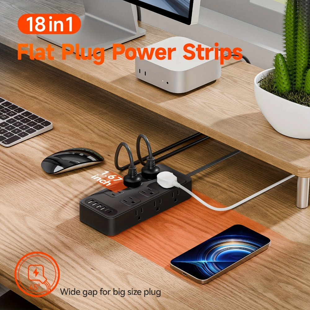 Flat Plug Power Strip 18-in-1 Fire-Resistant Surge Protector with 12 AC Outlets & 6 USB Ports (4 USB-A & 2 USB-C), 5ft Extension Cord, Charging Station for Home, Office & Travel