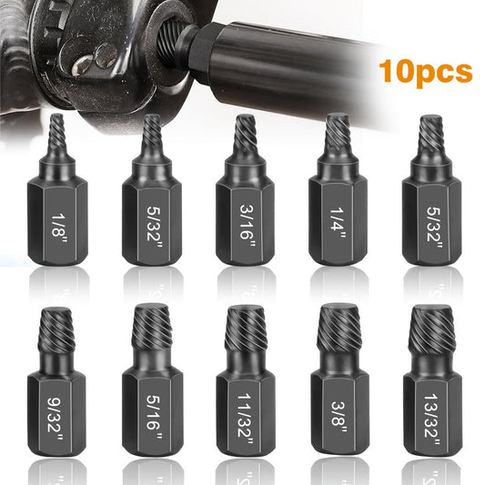 Screw Extractor Set, 10-Piece Left-Hand Spiral Alloy Steel, 1/8–13/32 Inch